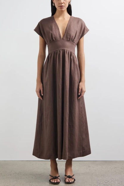 Vestido largo de cintura ajustada y manga corta en mezcla de lino Della