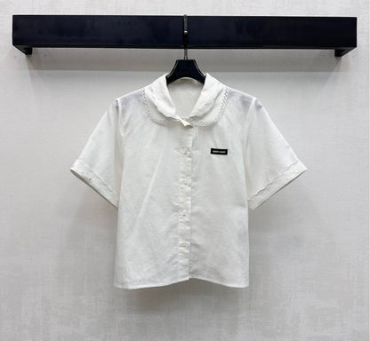 Miu SS26 Set Scalloped-Collar Shirt A-line Skirt White Cotton Linen 351916