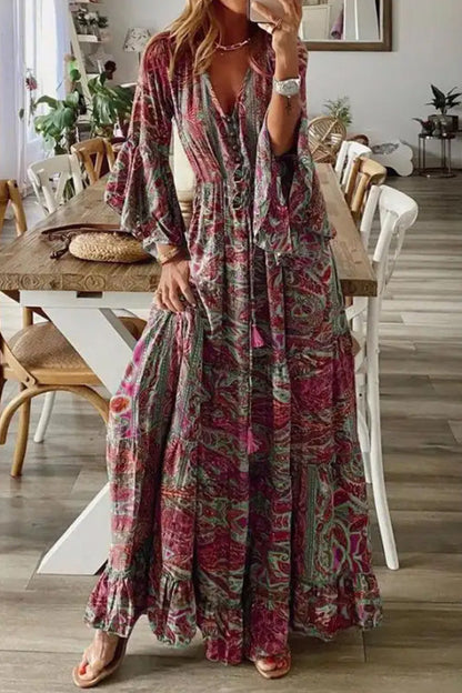 Vestido maxi de vacaciones de manga larga con cuello en V y estampado peris suelto