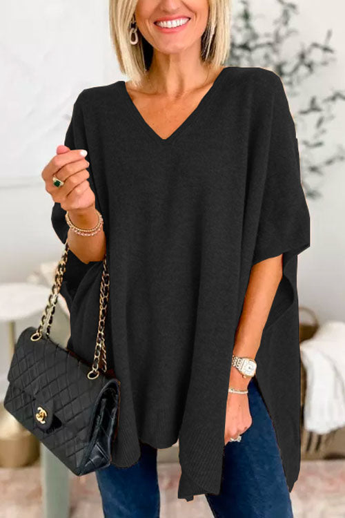 Suéter tipo poncho holgado de color liso con cuello en V más elegante