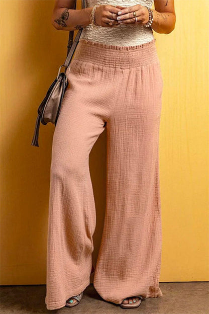 Pantalones de lino y algodón con cintura elástica y pierna ancha fruncidos