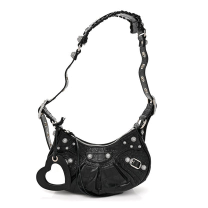 Extra Supple Calfskin Crystal Crocodile Embossed Le Cagole Shoulder Bag XS Black