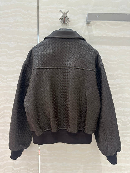 BV Double-Zip Baseball Jacket in Chocolate Lambskin