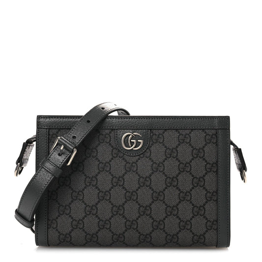 GG Supreme Monogram Textured Dollar Calfskin Web Small Ophidia Shoulder Bag Grey Black Graphite Grey