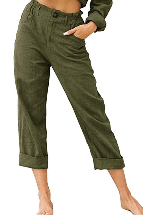 Pantalones casuales de cintura alta holgados de moda de algodón y lino de color sólido