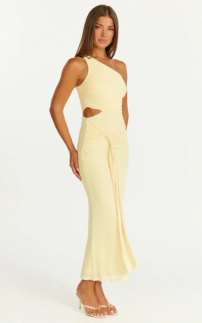 Mandy Midi Dress - Knot Detail Cut Out Mesh Dress in Lemon