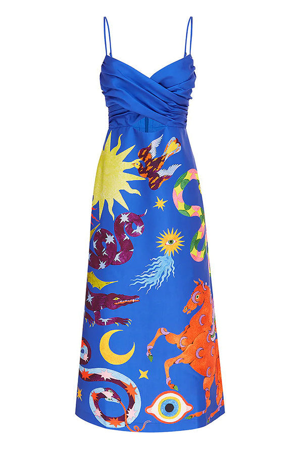 Vestido midi con tirantes cruzados y fruncido con estampado único de Main Stage
