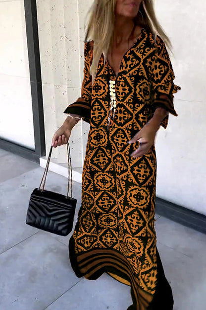 Vestido maxi casual de manga larga con estampado geométrico básicamente perfecto