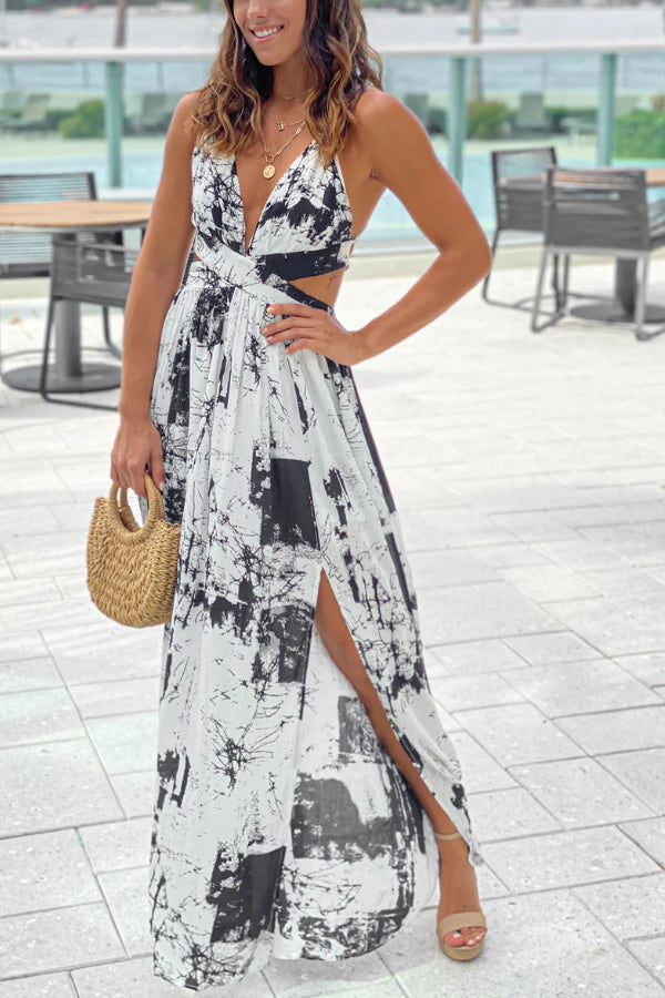 VESTIDO LARGO ESTAMPADO EN BLANCO ROJO CON RECORTES
