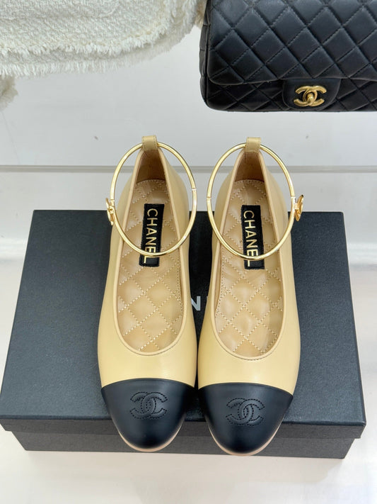 CC 26C Ribbon Double C Camellia Mary Jane Beige Black Lambskin