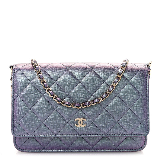 Iridescent Caviar Quilted Wallet on Chain WOC Dark Blue