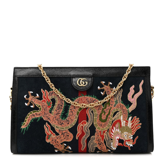 Suede Patent Web Dragon Embroidered Medium Ophidia Chain Shoulder Bag Blue Multicolor Black