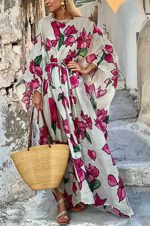 Vestido largo holgado con cinturón y mangas dolman con estampado floral 