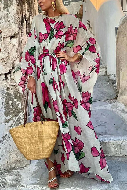 Vestido largo holgado con cinturón y mangas dolman con estampado floral 