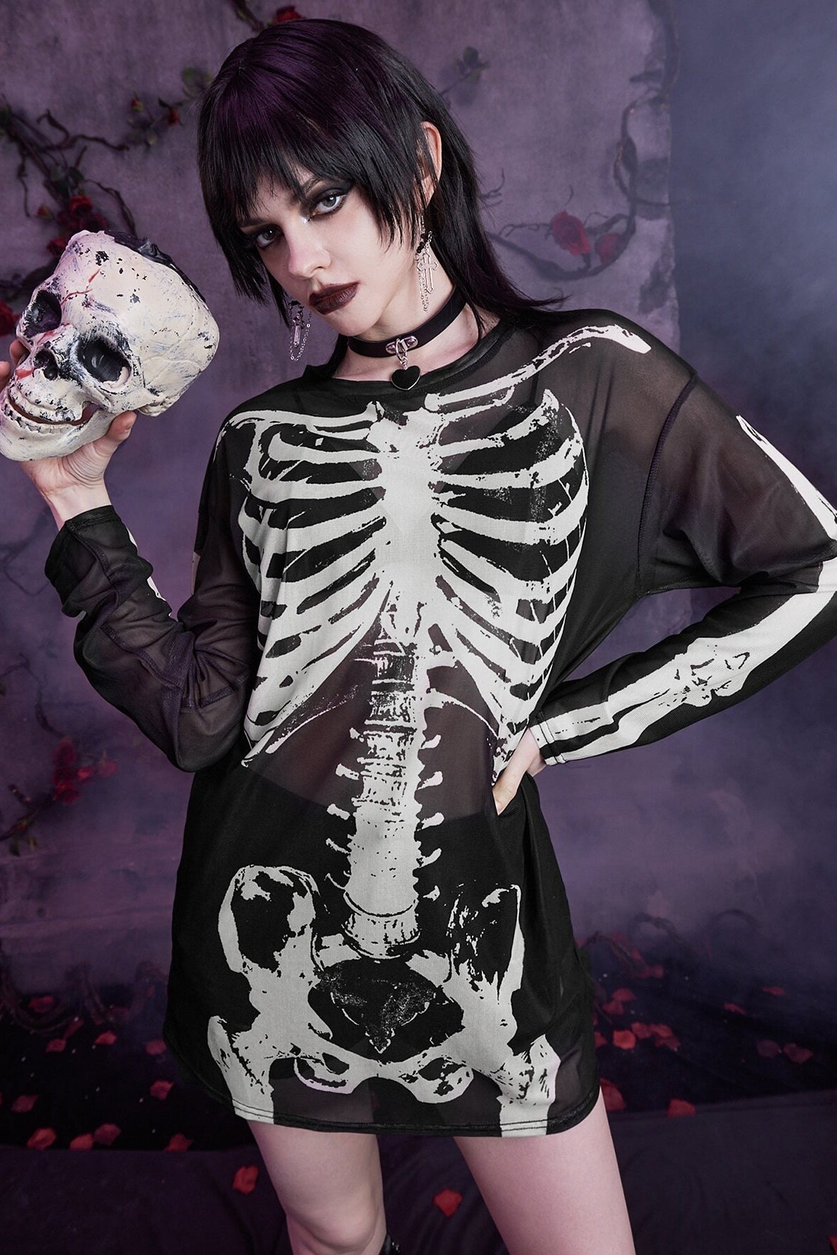 Dark Style Skull Print Mesh Knit Top