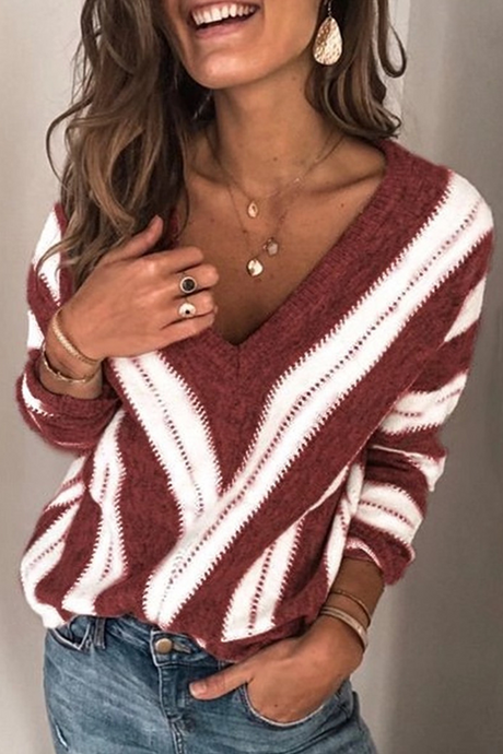 Blusa informal a rayas con escote en V y abertura en contraste (5 colores)