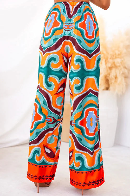 Pantalones anchos con bolsillos y cintura elástica con estampado abstracto étnico de satén Oh So Chic