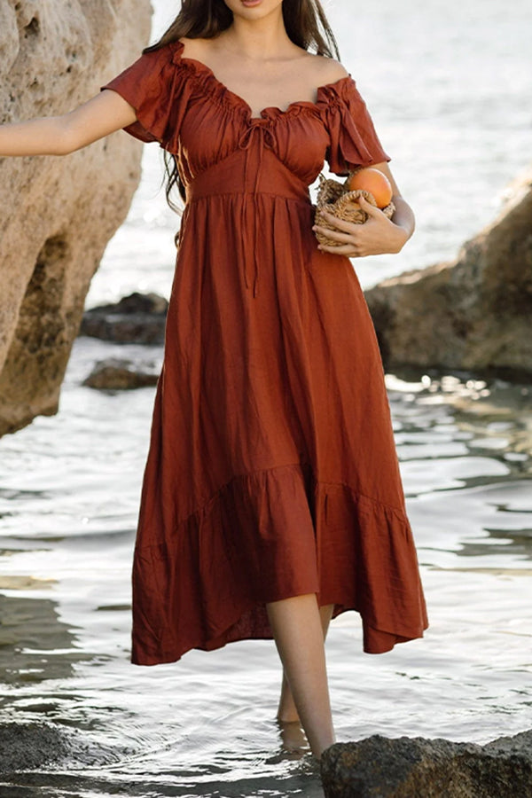 VESTIDO MIDI CON HOMBROS DESCUBIERTOS Y BORDES CON VOLANTES