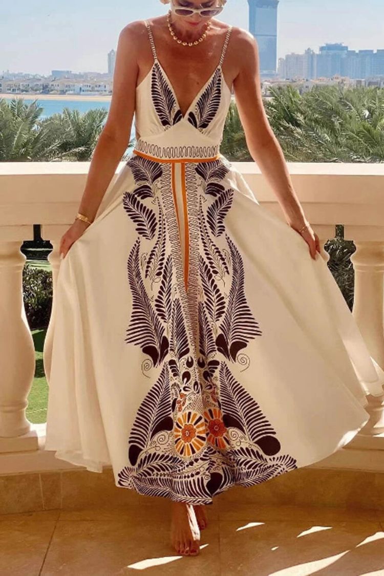 Vestido largo clásico de lino con estampado único, sexy, escote en V y lazo en la cintura