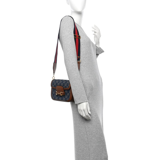 New Denim GG Monogram Dollar Calfskin Web Mini Horsebit 1955 Shoulder Bag Blue Tea Cuir Epilog
