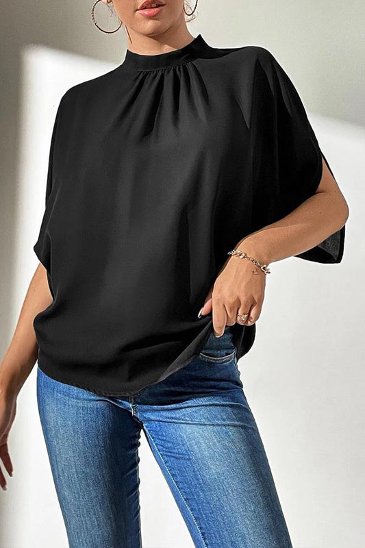 Mock Neck Black Split Sleeve Top