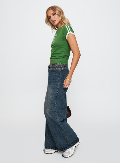 Baccarat Mid Rise Wide Leg Belted Jeans Dark Blue