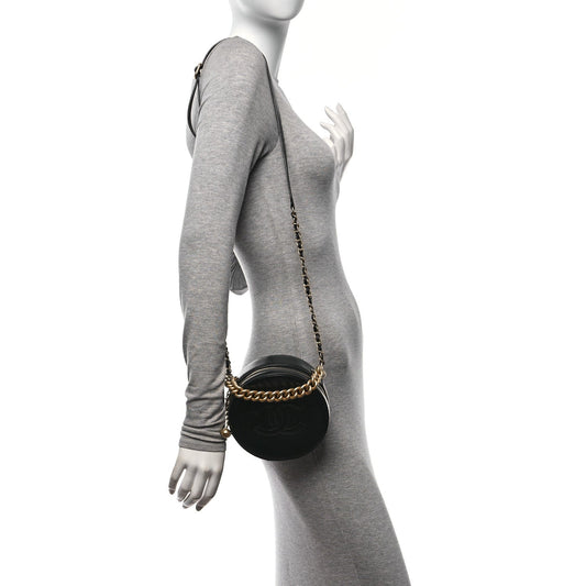 Glazed Calfskin Round As Earth Evening Bag Black
