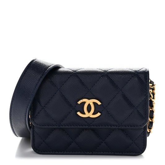 Caviar Quilted Twist Your Buttons Coin Purse With Chain Navy