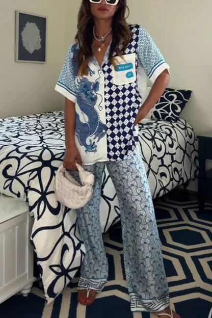 Conjunto de camisa holgada de manga corta con estampado de dragón único y pantalones con bolsillo en la cintura elástica