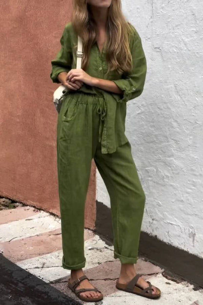 Conjunto informal de dos piezas de algodón y lino con cuello en V, camisa y pantalón de color liso 