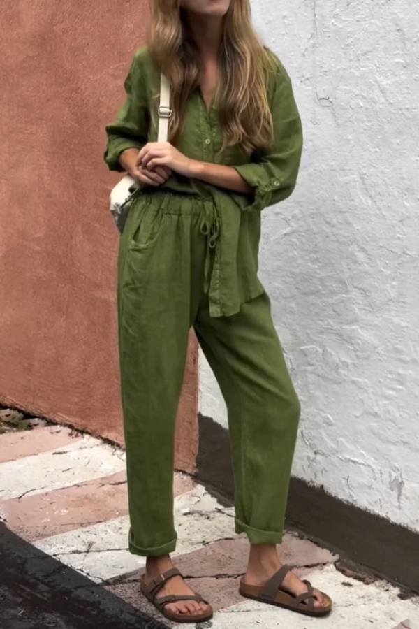 Conjunto informal de dos piezas de algodón y lino con cuello en V, camisa y pantalón de color liso 