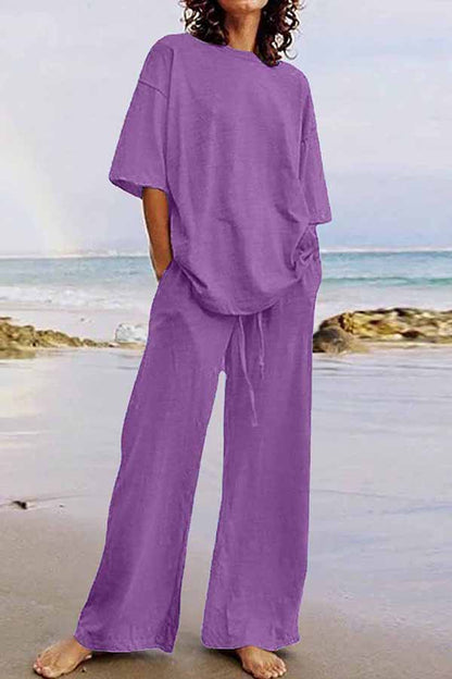 Conjunto informal de dos piezas con cuello redondo, manga corta (11 colores)