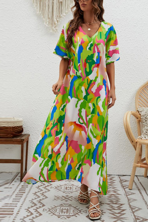 Vestido elegante de cintura alta con cuello en V y vuelo holgado 