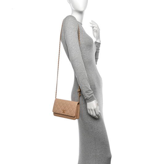 Lambskin Quilted CC Pearl Crush Wallet on Chain WOC Beige