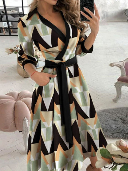 Maxi Dresses Long Sleeves Red Animal Print V-Neck Lace up Maxi Layered   Long Dress