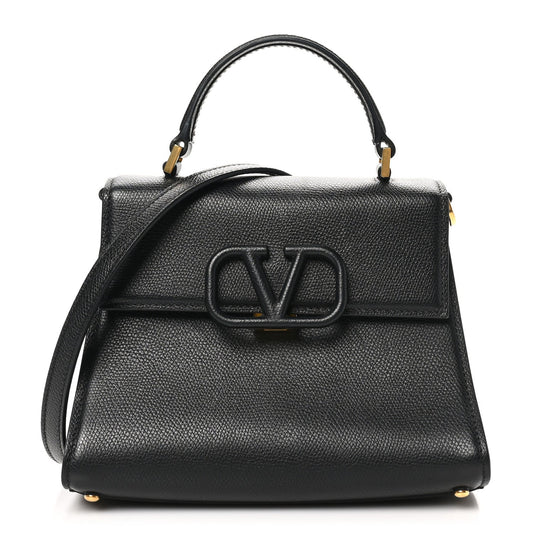 Grainy Calfskin Small VSling Top Handle Bag Black