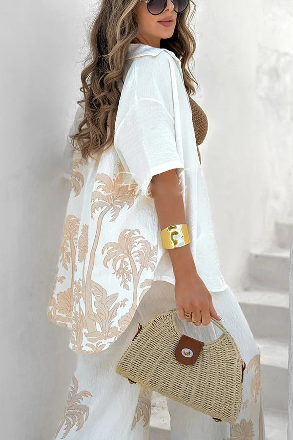 Conjunto de camisa extragrande con estampado único de mezcla de lino y palma de coco y pantalones holgados con bolsillo en la cintura elástica