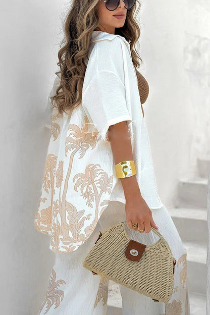 Conjunto de camisa extragrande con estampado único de mezcla de lino y palma de coco y pantalones holgados con bolsillo en la cintura elástica