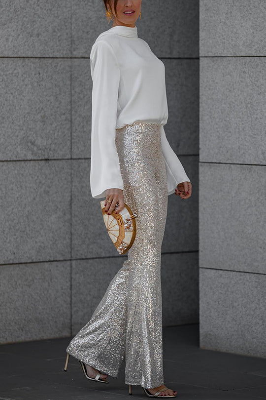 Pantalones acampanados de cintura elástica y tiro alto con lentejuelas de terciopelo Diva