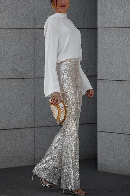 Pantalones acampanados de cintura elástica y tiro alto con lentejuelas de terciopelo Diva