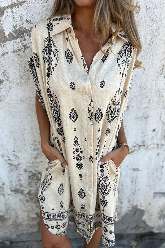 Vestido mini informal con solapa y bolsillo y estampado único de mezcla de lino