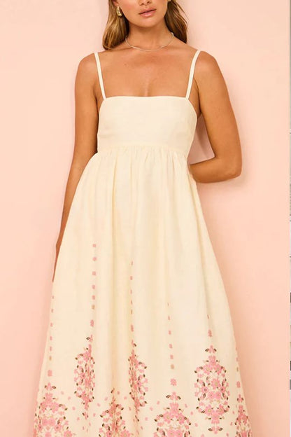 Vestido largo holgado con tirantes y bolsillos, estampado único en mezcla de lino Paradise Flowers