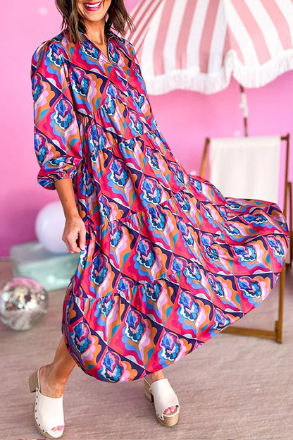Vestido bohemio con cuello con muescas y estampado geométrico abstracto multicolor