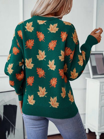 Suéter informal de jacquard con estampado de hojas de arce para mujer 