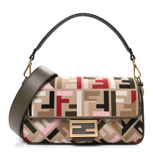 Canvas Vitello Seta FF Multicolor Embroidered Baguette Sand Avocado Multicolor