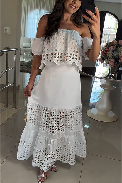 Valia Crochet Cutout Lace Off Shoulder Top and Elastic Waist A-line Maxi Skirt Set