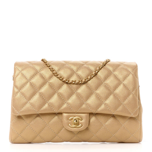 Metallic Caviar Quilted Clutch With Chain Flap Gold