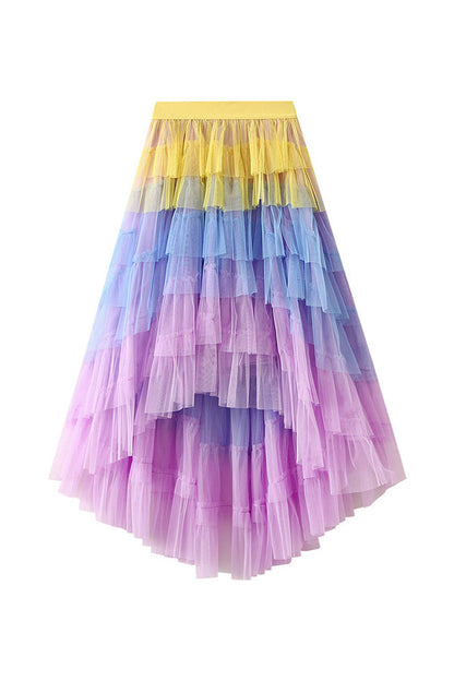 Falda de pastel irregular, falda de malla de cintura alta