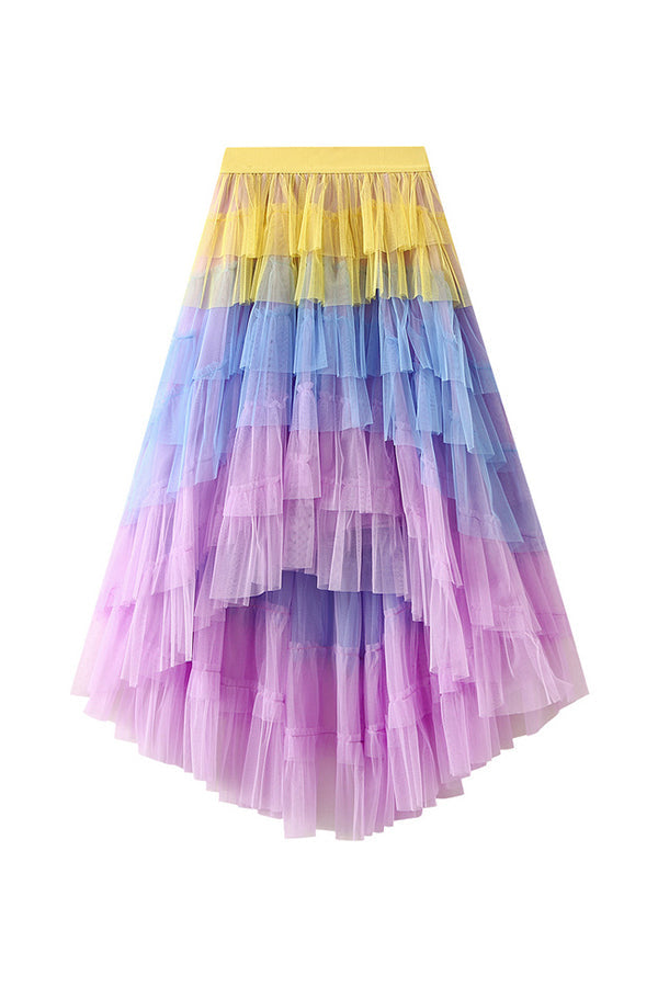 Falda de pastel irregular, falda de malla de cintura alta