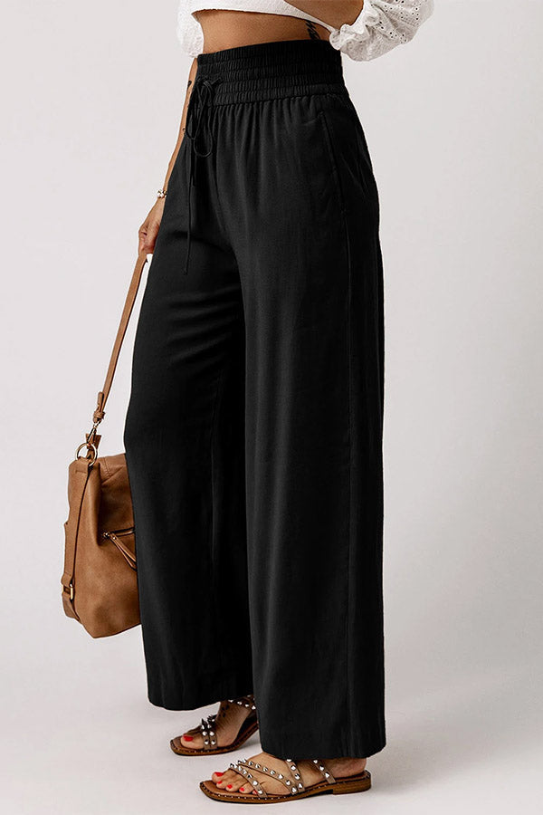 Pantalones casuales de pierna ancha con cintura elástica fruncida y cordón ajustable